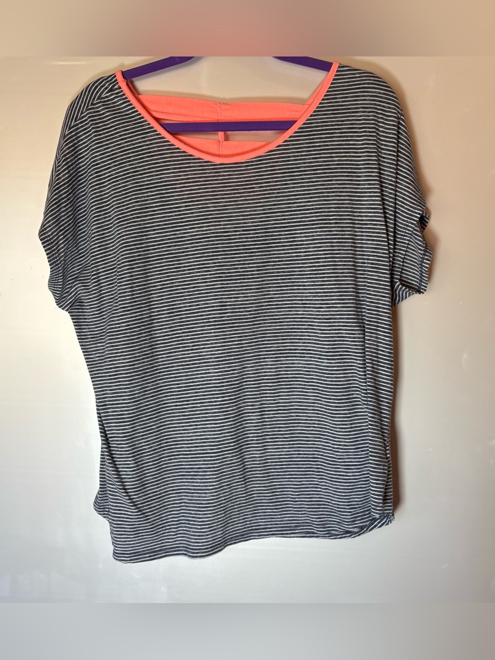 Papermoon Black & White Striped Short Sleeve Top with Coral Trim